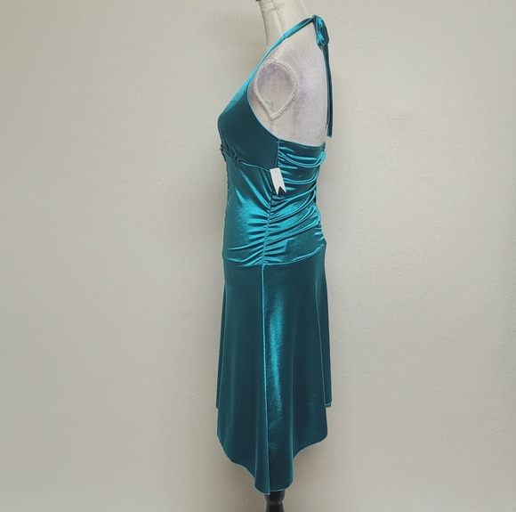 Deadstock Vintage Charlotte Russe Teal Satin Brooch Shark Bite Hem Halter Dress - Picture 7 of 14